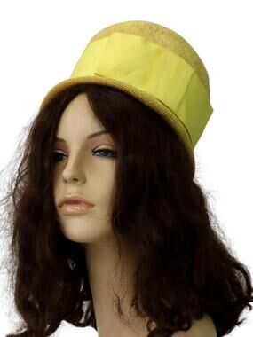 Vintage 1960s Sunny Yellow Pillbox Hat Wide Ribbon Bow Women's Size 7
